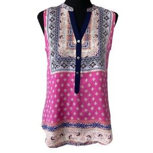 Brixon Ivy Walton Henley Sleeveless V-neck Tunic Boho Blouse Pink Navy XS